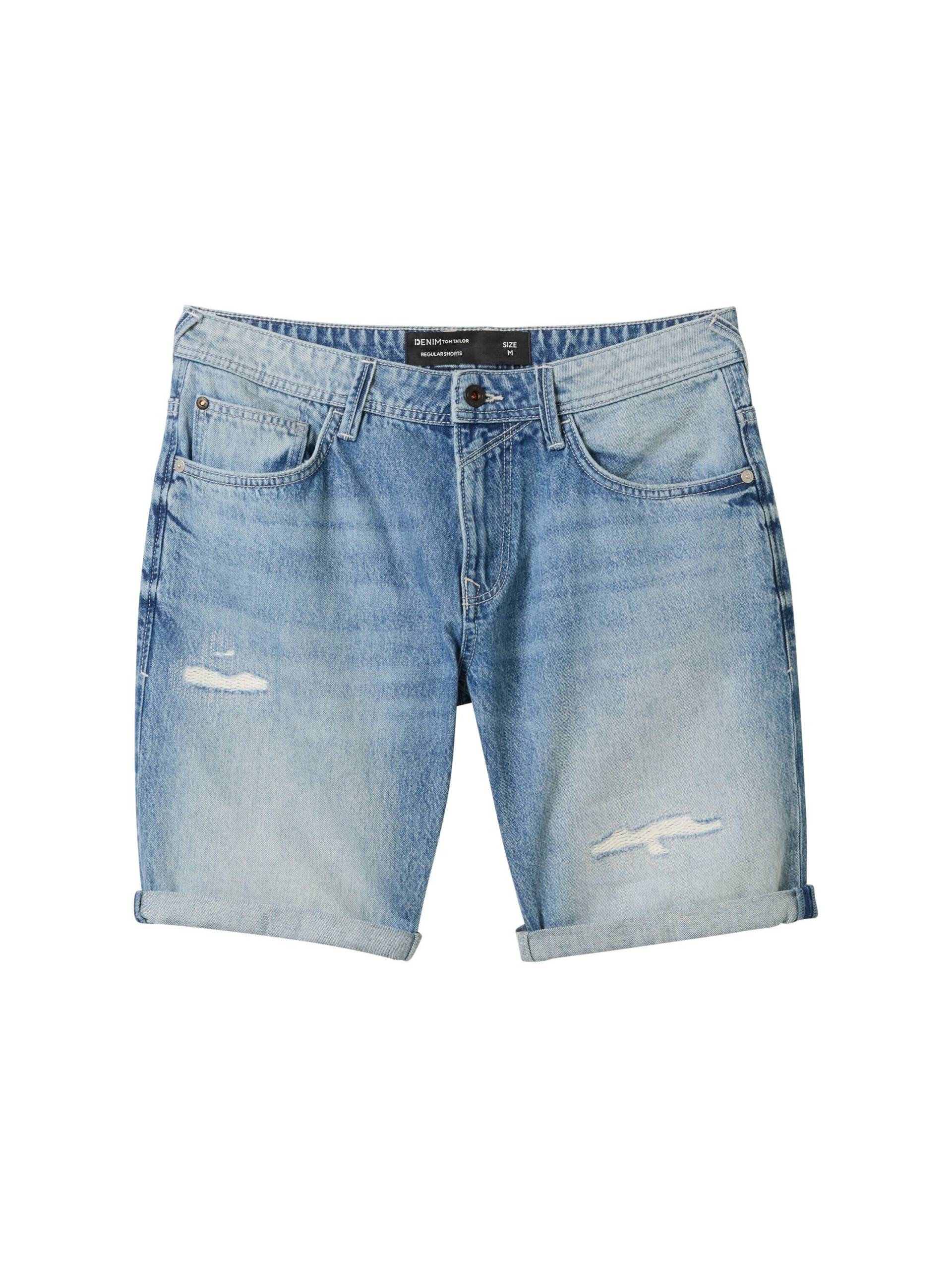 Denim Tom Tailor - Regular Shorts mit recycelter Baumwolle destroyed light stone blue denim - Gr. - S von Denim Tom Tailor