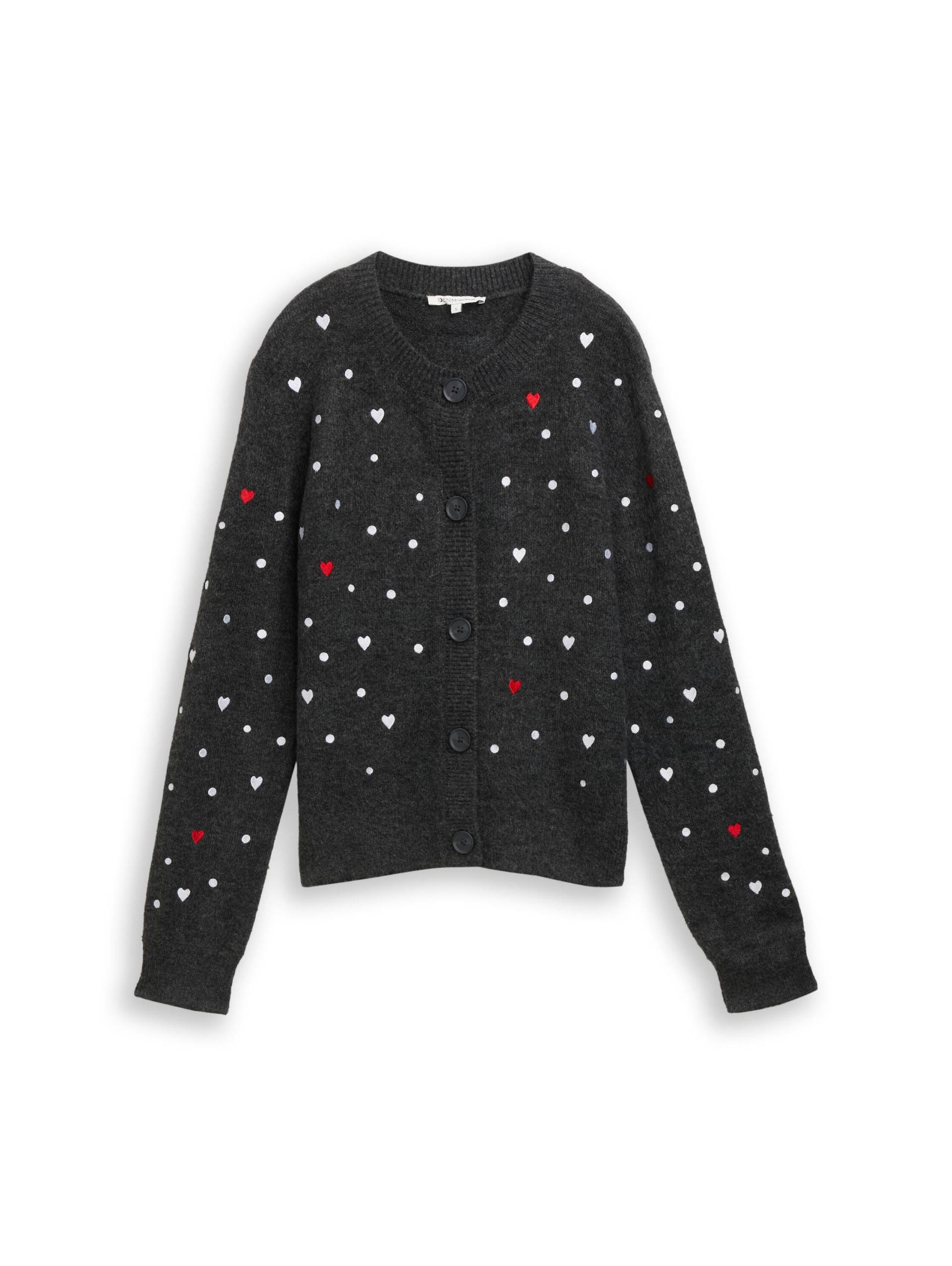 Denim Tom Tailor - Relaxed Fit Cardigan mit Stickereien grey white dots and hearts - Gr. - XS von Denim Tom Tailor