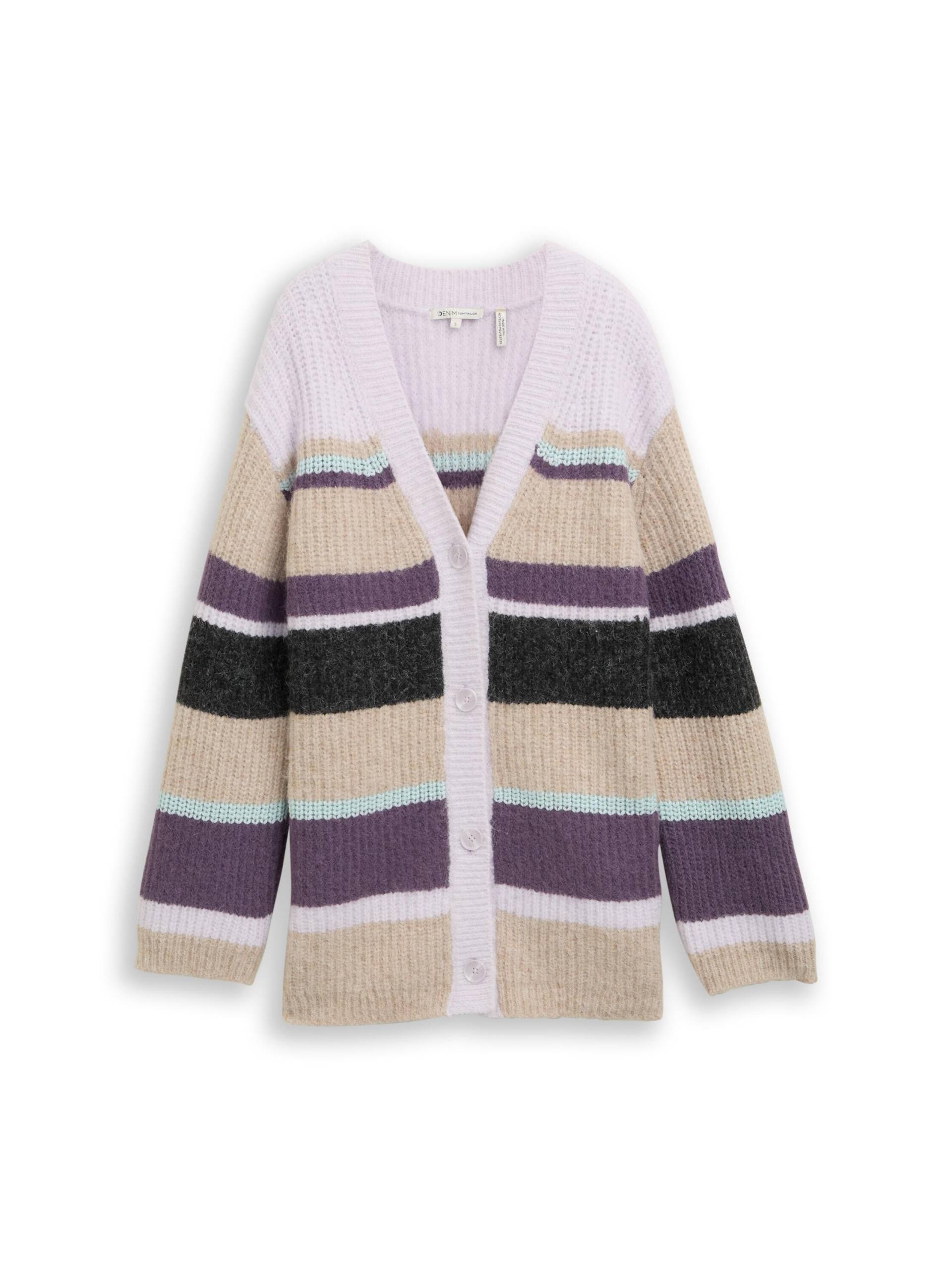 Denim Tom Tailor - Relaxed Fit Cardigan mit Streifenmuster beige lilac multicolor stripe - Gr. - XL von Denim Tom Tailor