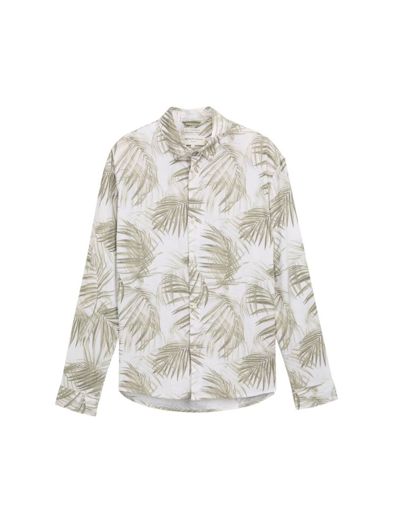 Denim Tom Tailor - Relaxed Fit Hemd mit Leinenanteil white green watery palm print - Gr. - M von Denim Tom Tailor