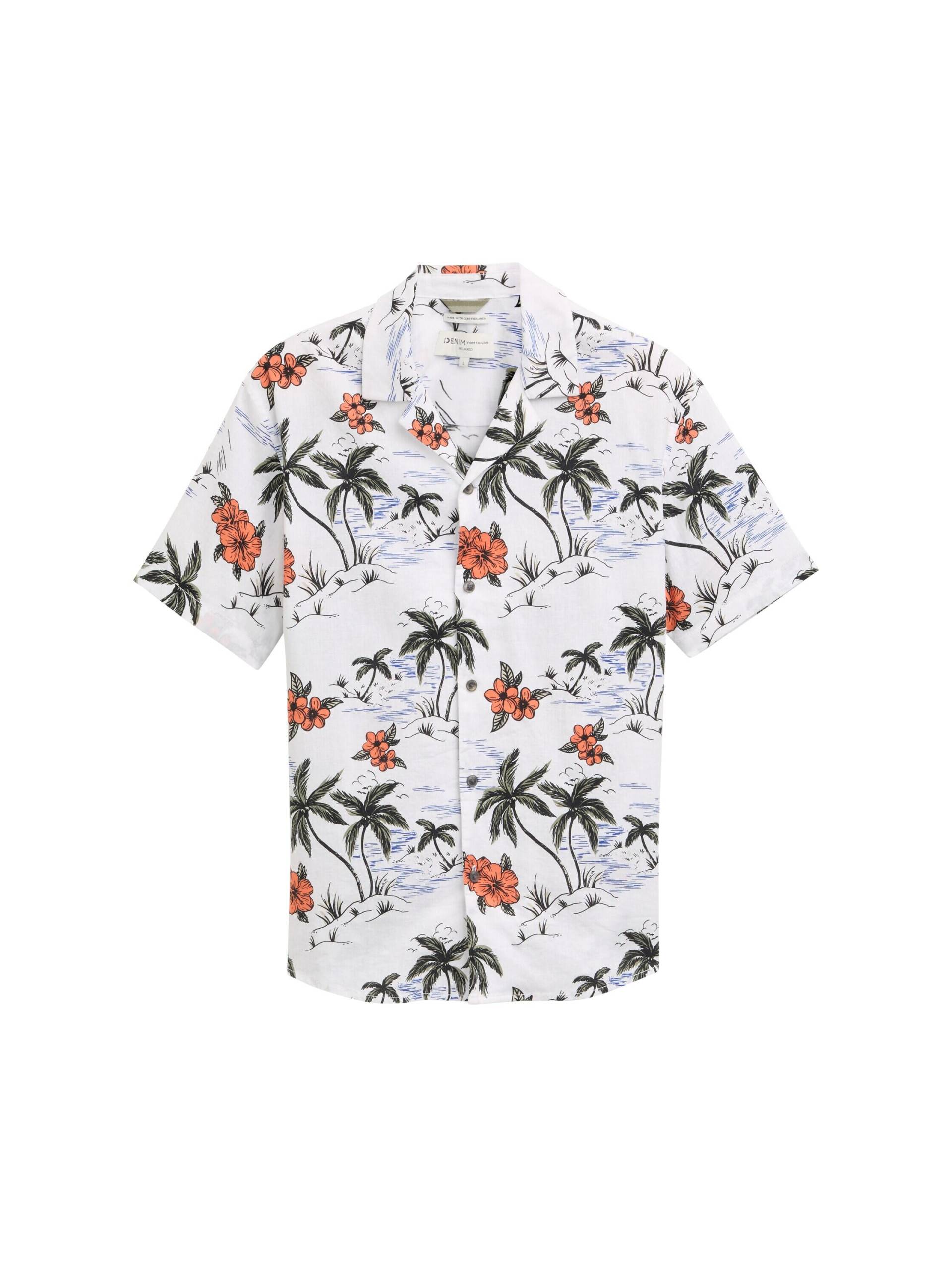 Denim Tom Tailor - Relaxed Fit Hemd mit Leinenanteil white tropical resort print - Gr. - S von Denim Tom Tailor