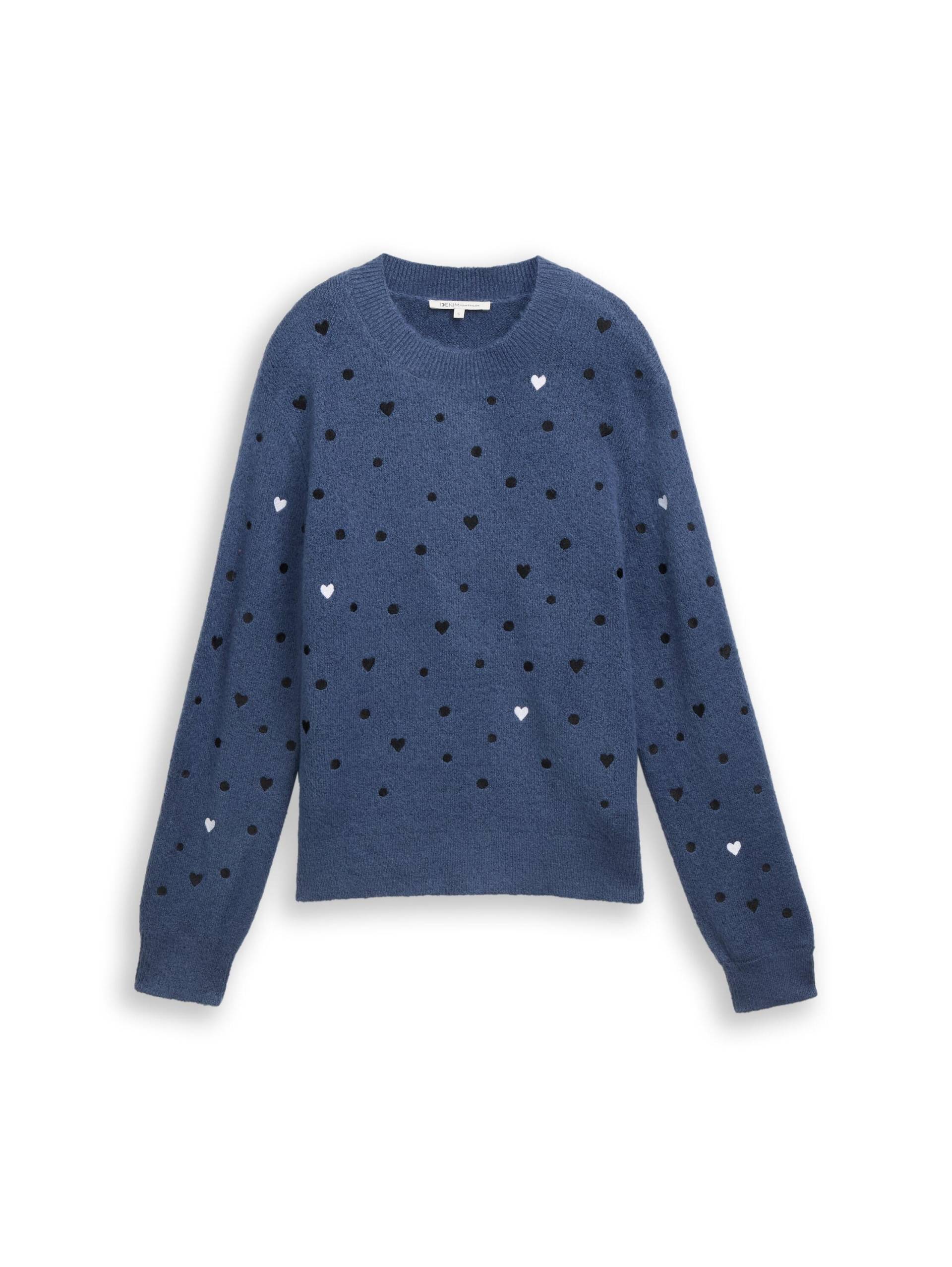 Denim Tom Tailor - Relaxed Fit Strickpullover mit Stickereien blue black dots and hearts - Gr. - XS von Denim Tom Tailor