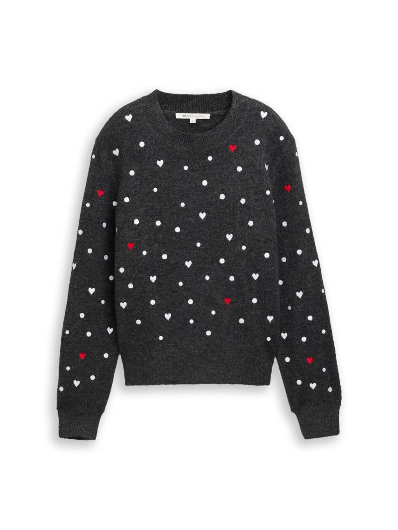 Denim Tom Tailor - Relaxed Fit Strickpullover mit Stickereien grey white dots and hearts - Gr. - M von Denim Tom Tailor
