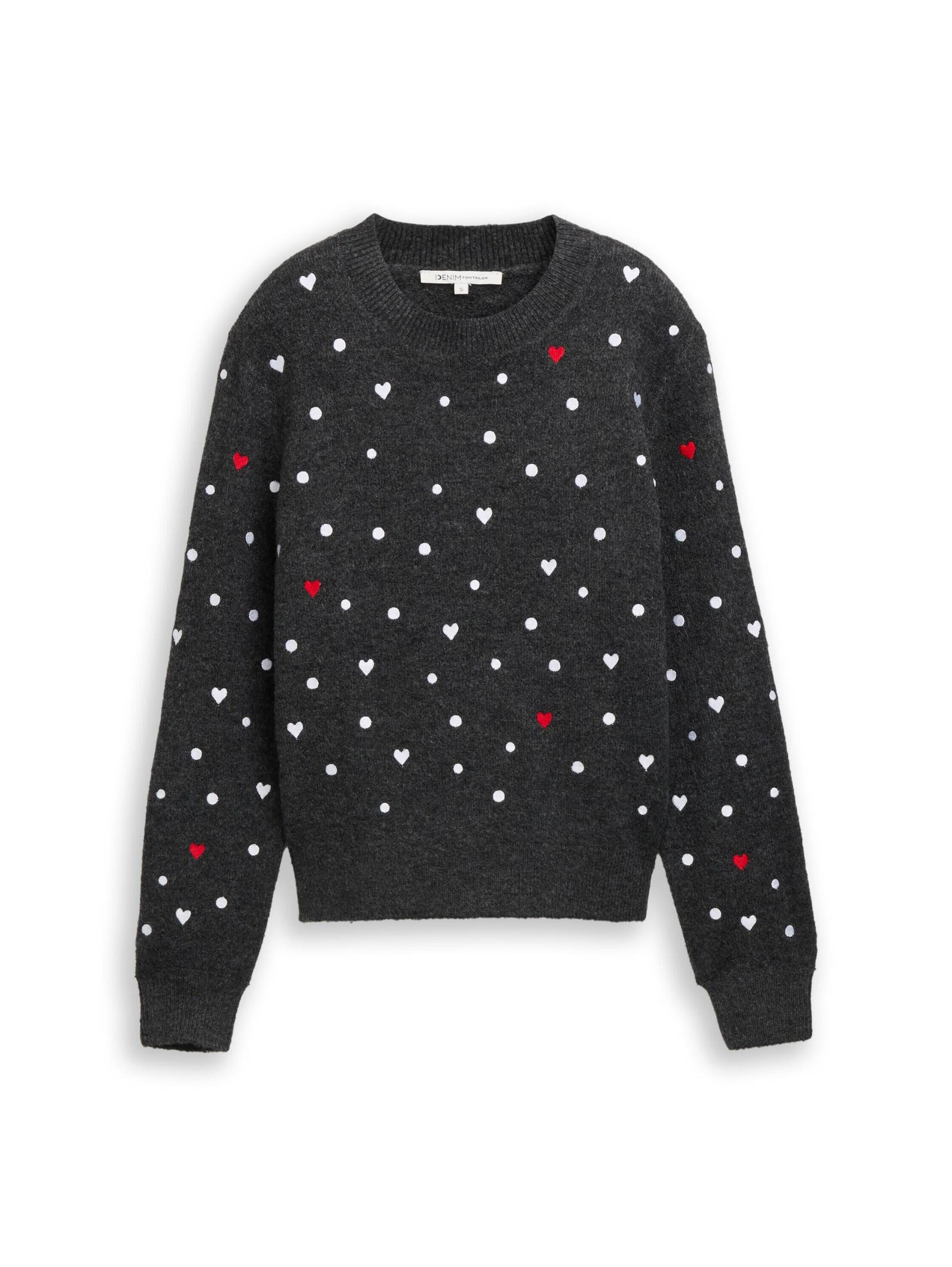 Denim Tom Tailor - Relaxed Fit Strickpullover mit Stickereien grey white dots and hearts - Gr. - M von Denim Tom Tailor