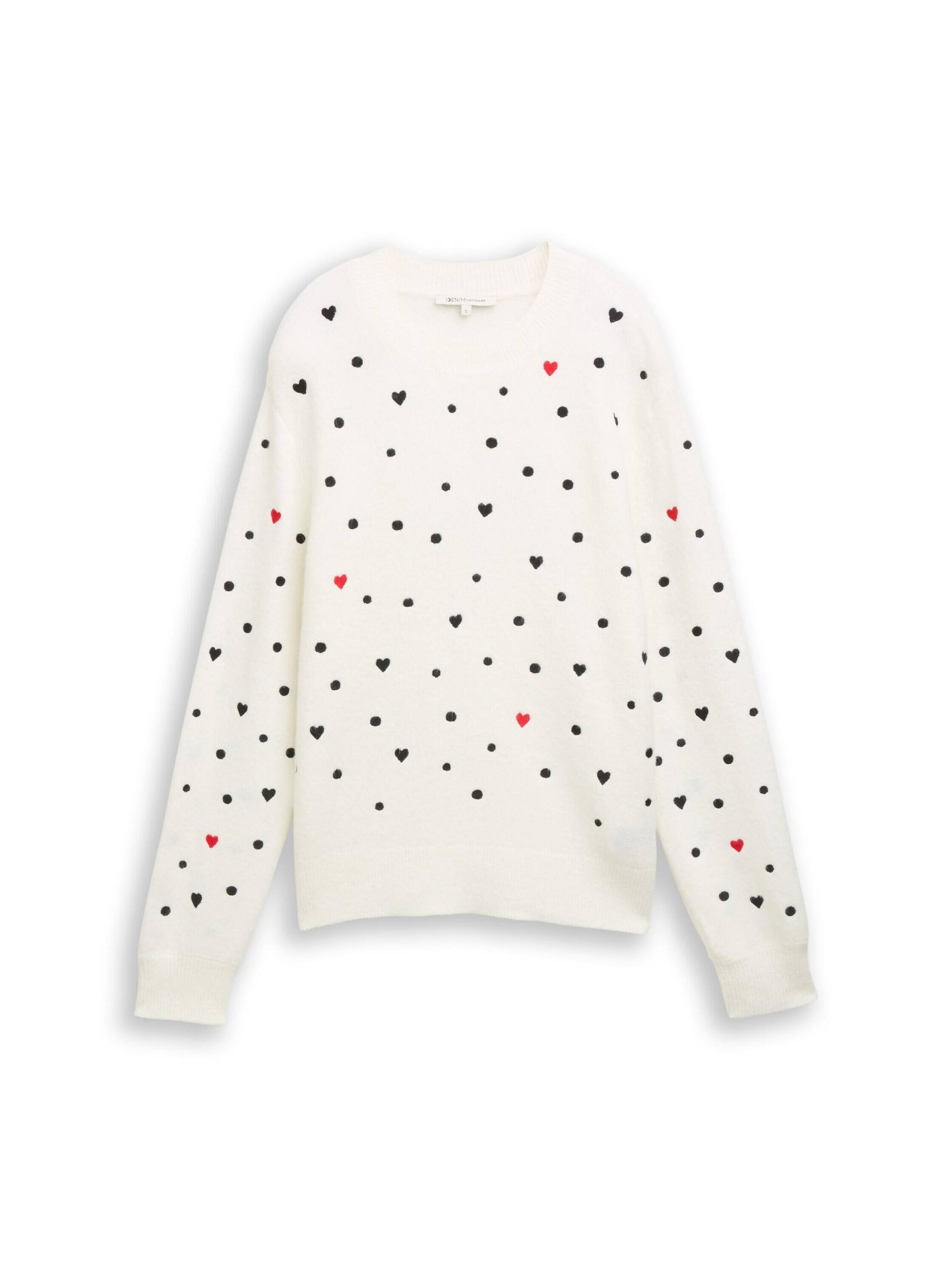 Denim Tom Tailor - Relaxed Fit Strickpullover mit Stickereien white black dots and hearts - Gr. - S von Denim Tom Tailor
