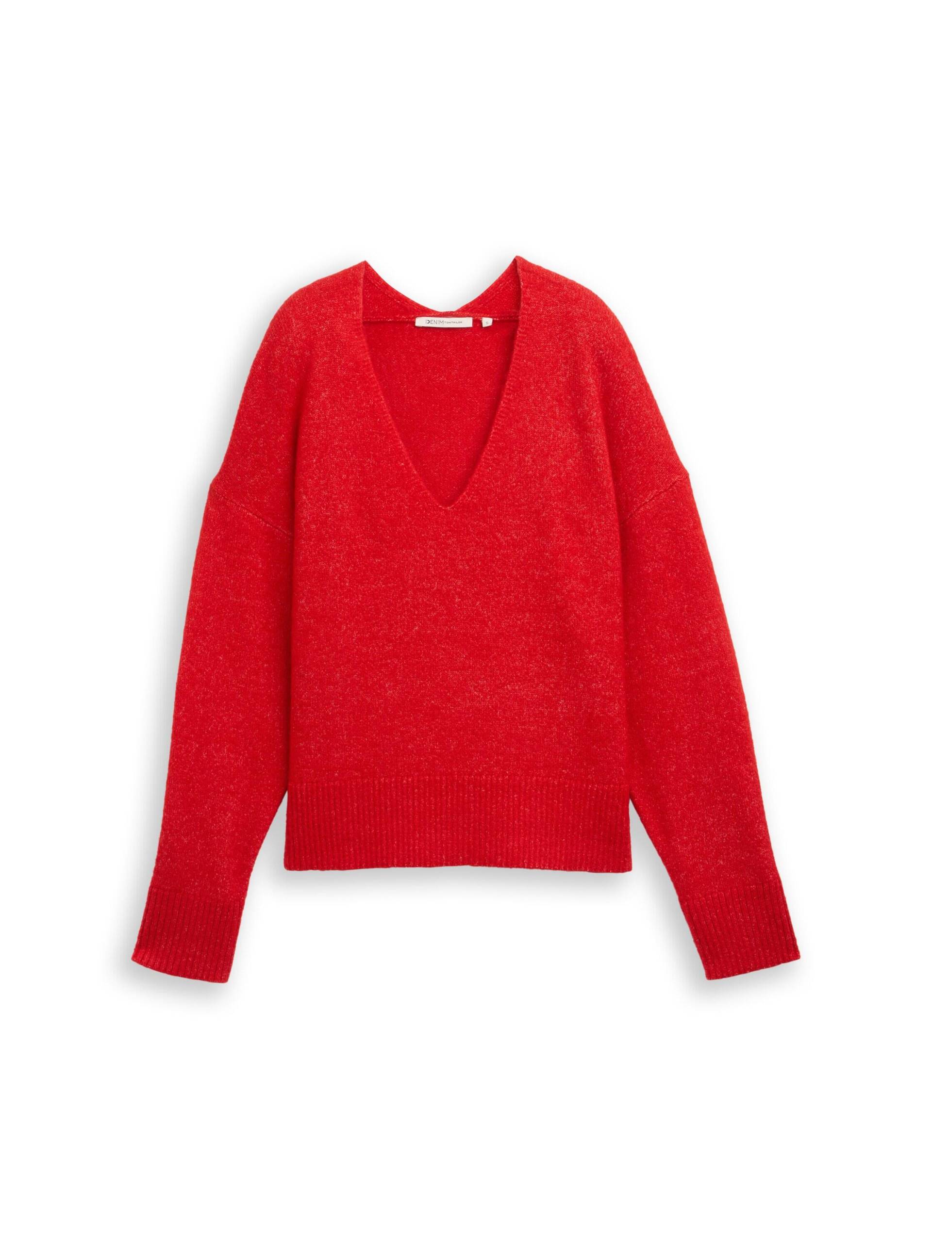 Denim Tom Tailor - Relaxed Fit Strickpullover mit V-Ausschnitt brilliant red - Gr. - L von Denim Tom Tailor