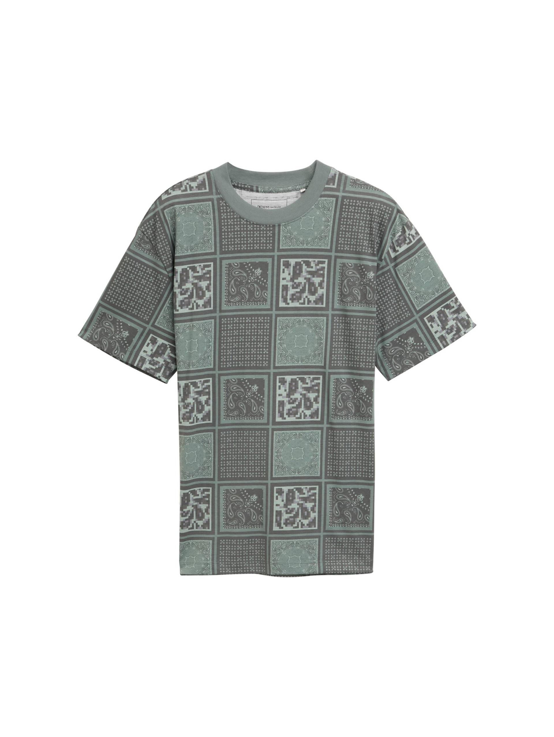 Denim Tom Tailor - Relaxed Fit T-Shirt mit Muster grey green patchwork print - Gr. - L von Denim Tom Tailor