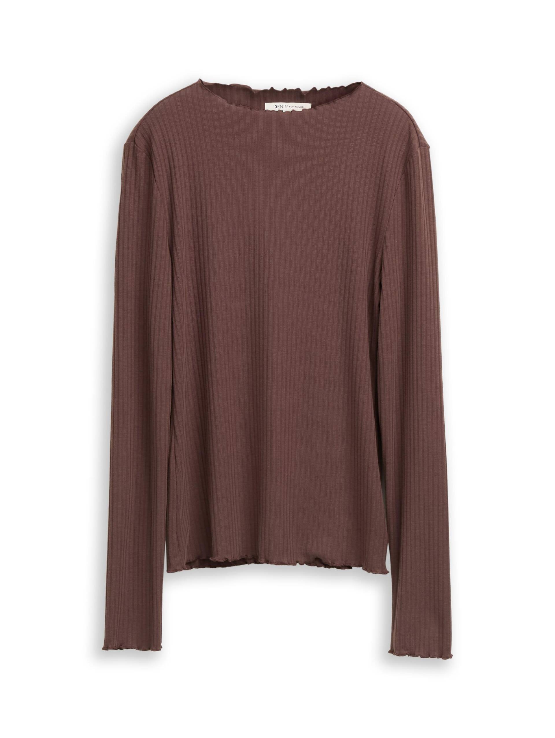 Denim Tom Tailor - Ripp Langarmshirt mit Stehkragen soft chocolate brown - Gr. - XS von Denim Tom Tailor