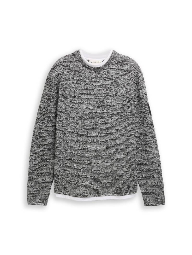 Denim Tom Tailor - Strickpullover im 2-in-1-Look black white mouline - Gr. - M von Denim Tom Tailor