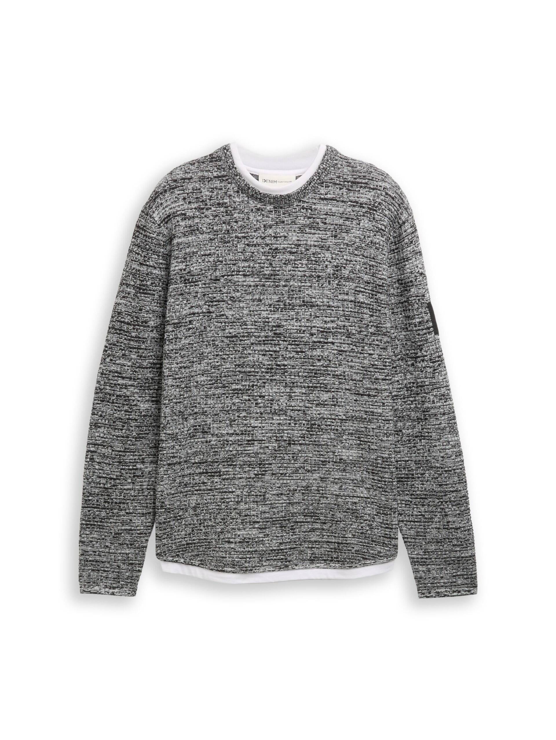 Denim Tom Tailor - Strickpullover im 2-in-1-Look black white mouline - Gr. - XL von Denim Tom Tailor