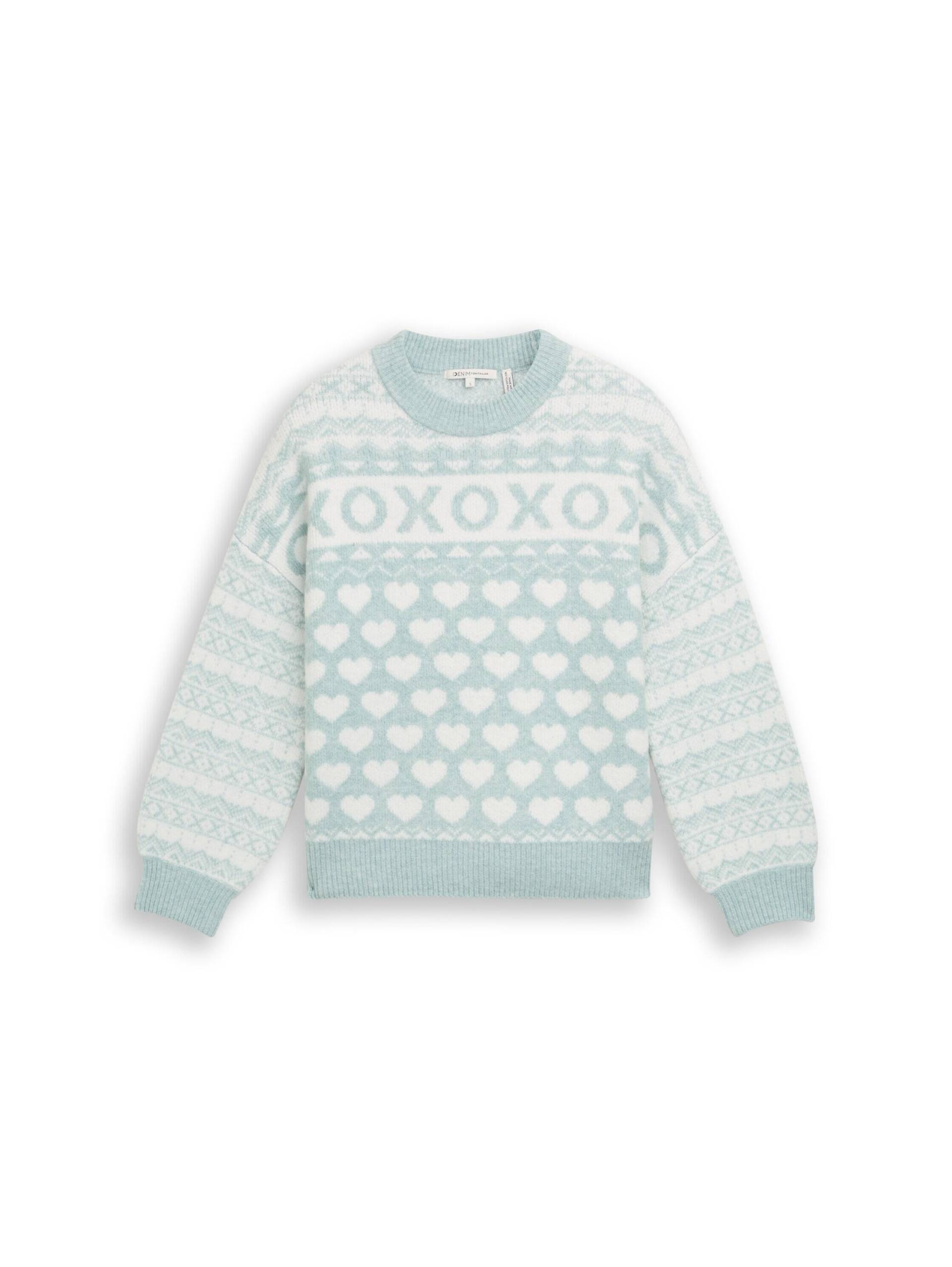 Denim Tom Tailor - Strickpullover mit Norweger-Muster mint white heart fair isle - Gr. - L von Denim Tom Tailor