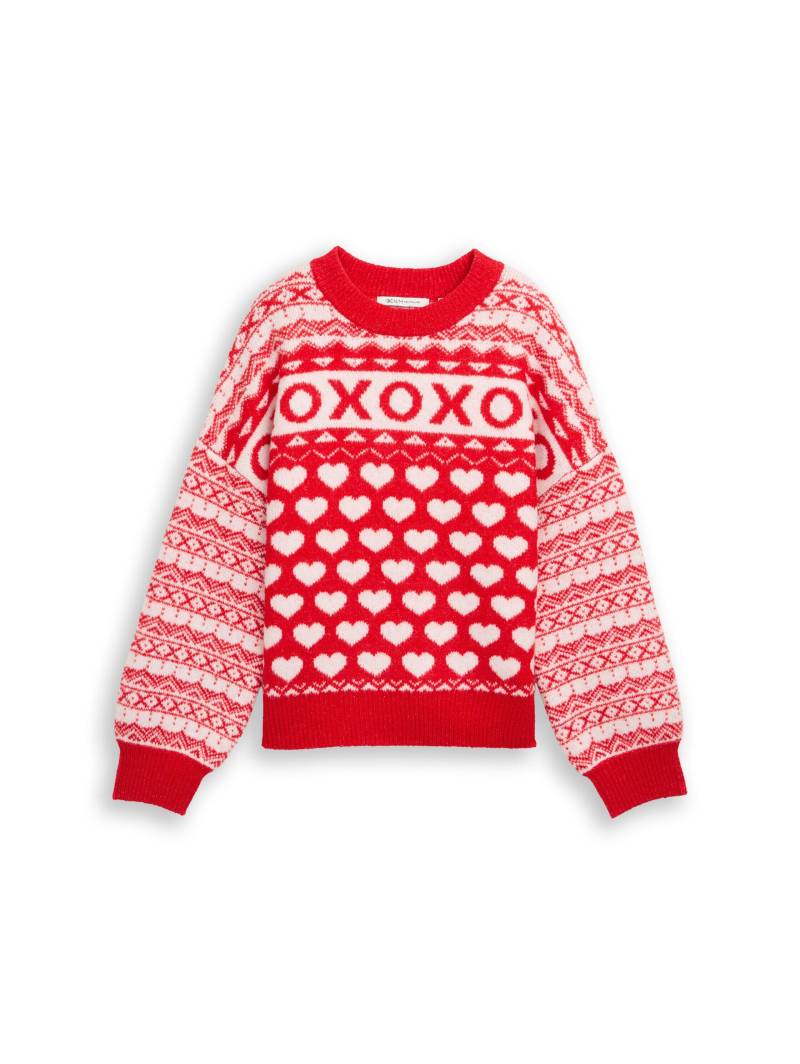 Denim Tom Tailor - Strickpullover mit Norweger-Muster red white heart fair isle - Gr. - S von Denim Tom Tailor