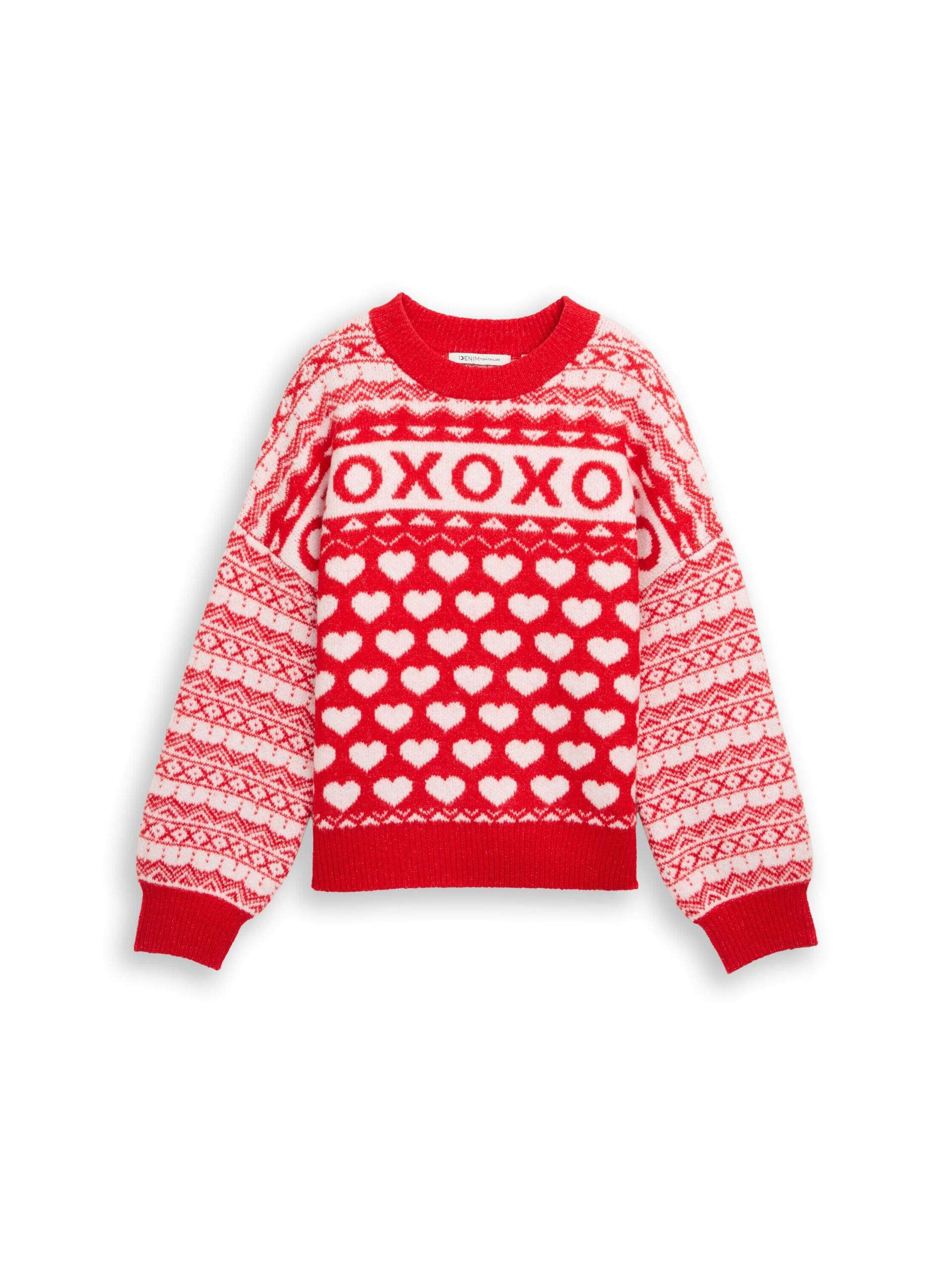 Denim Tom Tailor - Strickpullover mit Norweger-Muster red white heart fair isle - Gr. - XS von Denim Tom Tailor