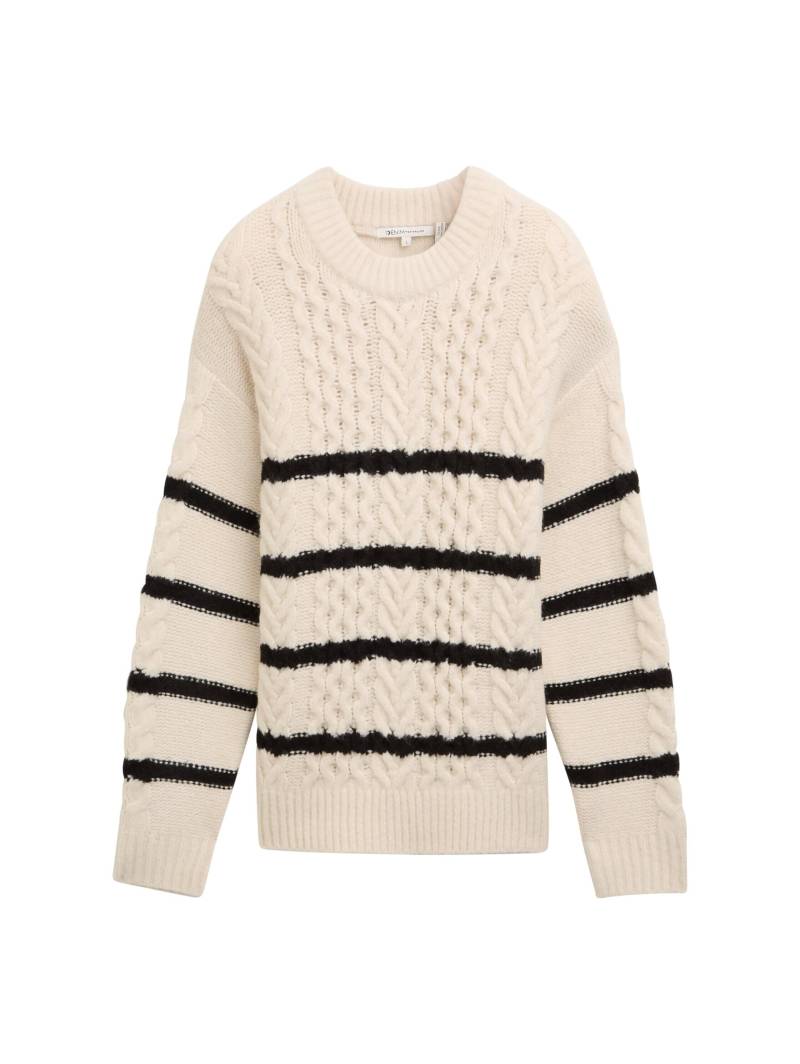 Denim Tom Tailor - Strickpullover mit Zopfmuster beige black stripe - Gr. - M von Denim Tom Tailor