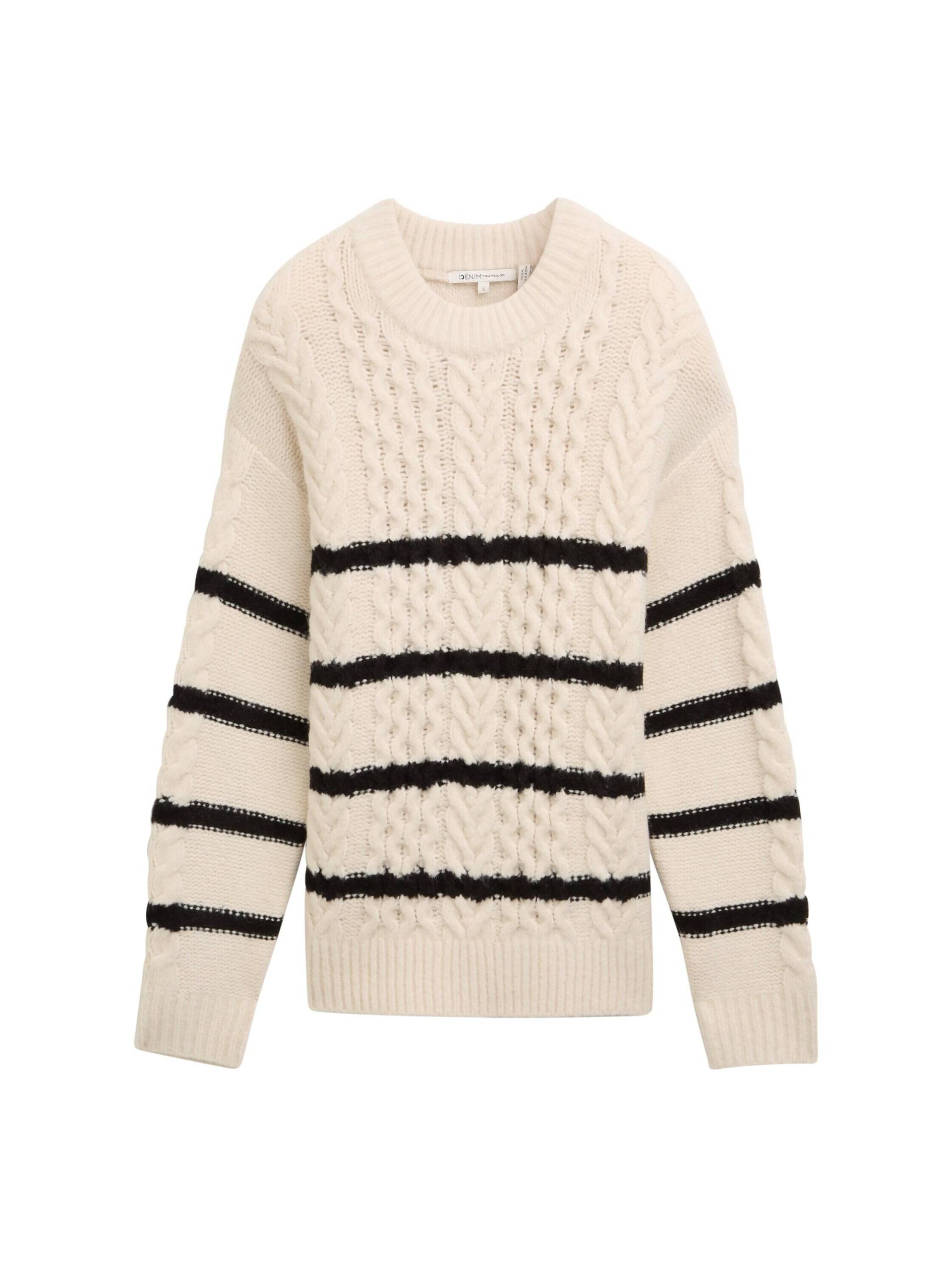 Denim Tom Tailor - Strickpullover mit Zopfmuster beige black stripe - Gr. - S von Denim Tom Tailor