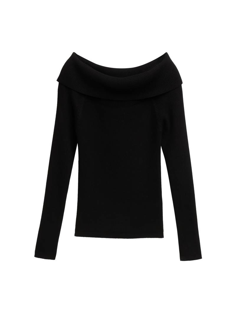 Denim Tom Tailor - Tight Ripp Strickpullover mit Carmen-Ausschnitt deep black - Gr. - L von Denim Tom Tailor