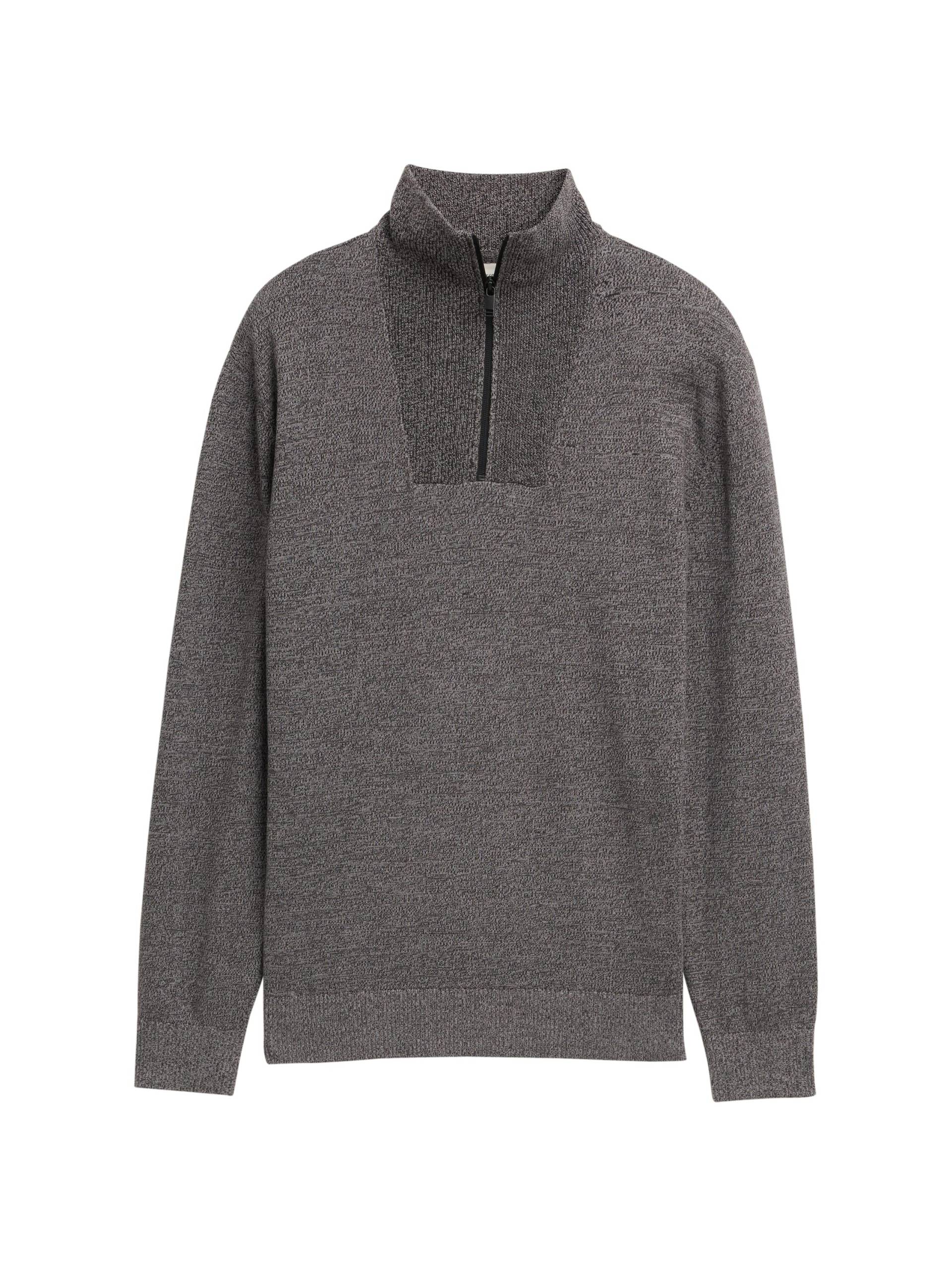 Denim Tom Tailor - Troyer Strickpullover aus Baumwolle black grey mouline - Gr. - M von Denim Tom Tailor