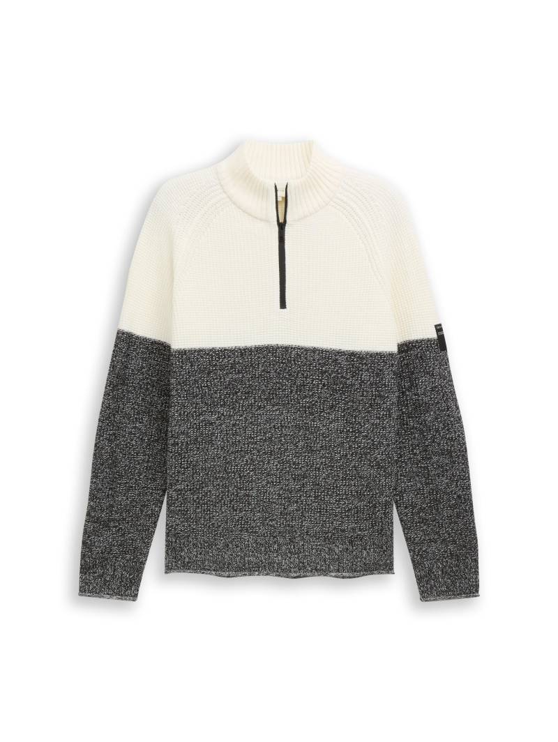 Denim Tom Tailor - Troyer Strickpullover white base mouline color block - Gr. - S von Denim Tom Tailor