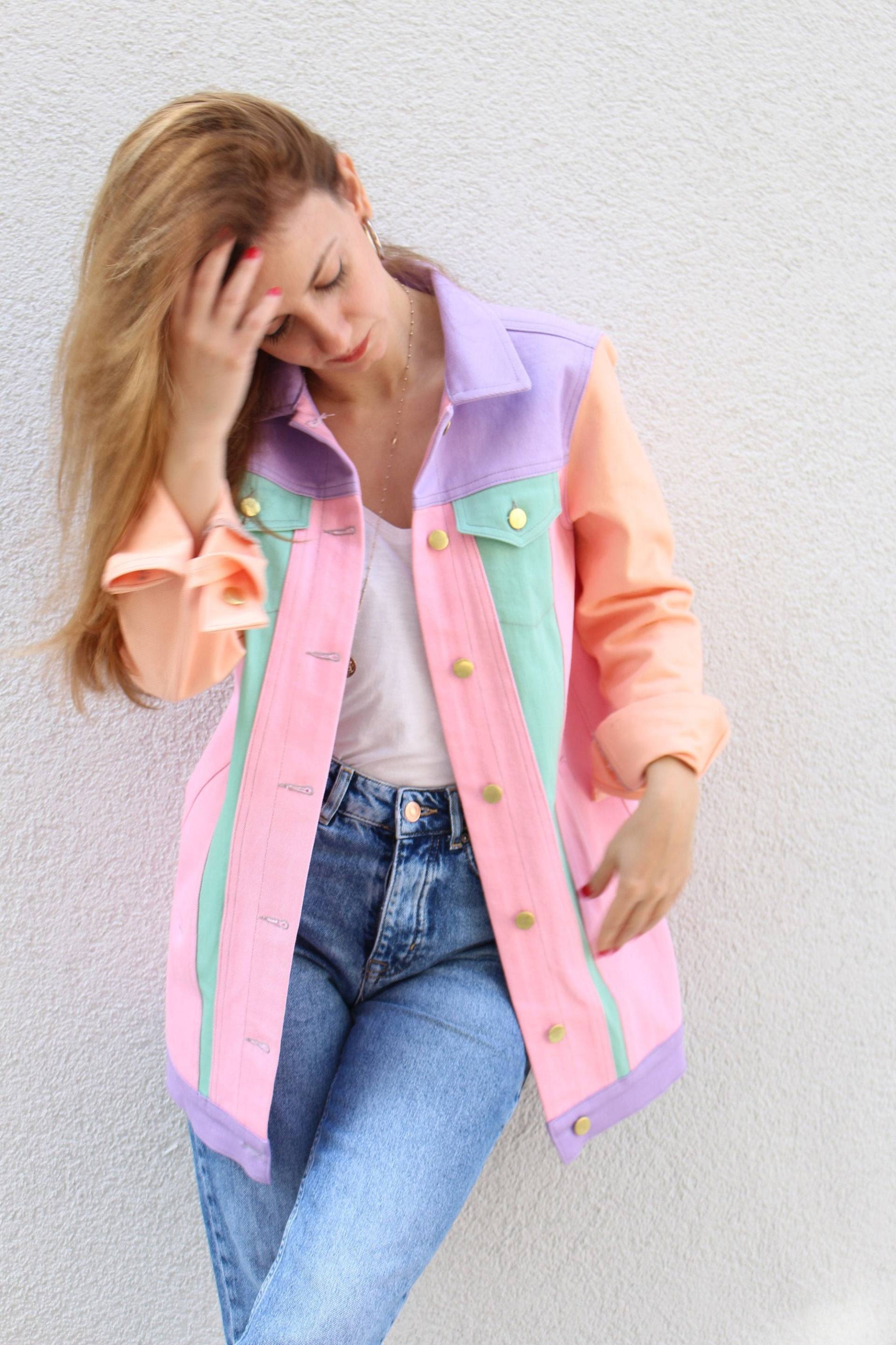 Jeansjacke Für Frauen, Pastell Trucker Jacke, 80Er Jahre Kleidung, Long Oversized Mantel, Pink Lila Grün Somon Daily Coat von DenimJacketPoupee