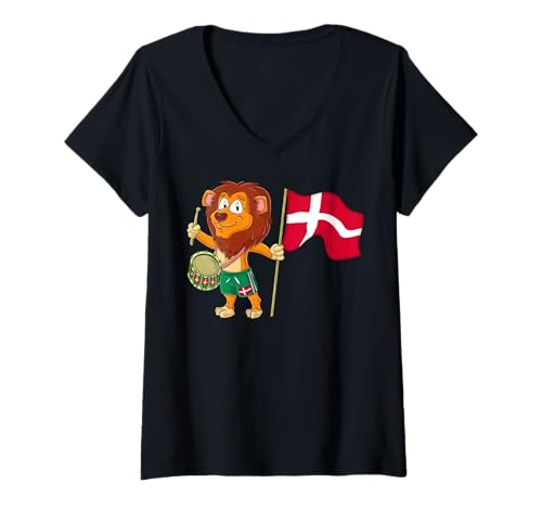 Damen Löwe mit der Dänemark Fahne T-Shirt mit V-Ausschnitt Damen Löwe mit der Dänemark Fahne T-Shirt mit V-Ausschnitt von Denmark Fans