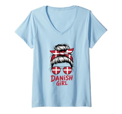 Damen Dänisches Mädchen Messy Bun Dänemark Flagge Stolz T-Shirt mit V-Ausschnitt Damen Dänisches Mädchen Messy Bun Dänemark Flagge Stolz T-Shirt mit V-Ausschnitt von Denmark Flag Danish Roots
