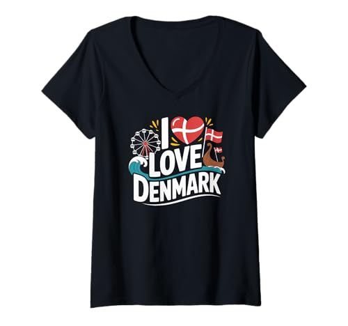 Damen I Love Denmark Riesenrad Flagge Wikinger Schiff T-Shirt mit V-Ausschnitt von Denmark Heritage Enthusiast Travel Culture
