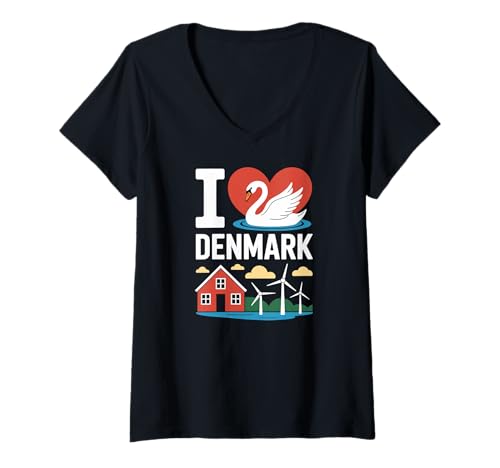 Damen I Love Denmark Schwanenhaus Windmühlen T-Shirt mit V-Ausschnitt Damen I Love Denmark Schwanenhaus Windmühlen T-Shirt mit V-Ausschnitt von Denmark Love Swan Scenic Nordic Wind