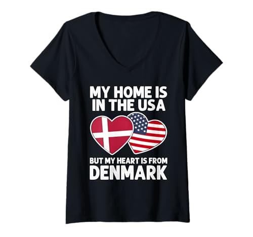 Damen My Home USA My Heart Dänemark Danish American Pride Flagge T-Shirt mit V-Ausschnitt Damen My Home USA My Heart Dänemark Danish American Pride Flagge T-Shirt mit V-Ausschnitt von Denmark Pride Flag Apparel