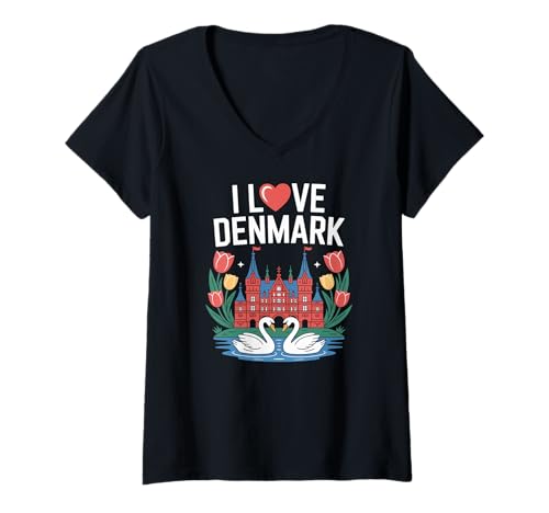 Damen Ich Liebe Dänemark Nordic Tulips Palace Swans T-Shirt mit V-Ausschnitt Damen Ich Liebe Dänemark Nordic Tulips Palace Swans T-Shirt mit V-Ausschnitt von Denmark Travel Lovers Nordic Scenery