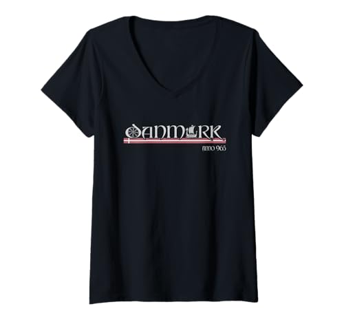 Damen Dänemark - Wikinger & Vegvísir - Anno 965 Skandinavisches Souvenir T-Shirt mit V-Ausschnitt von Denmark Viking Dannebrog Scandinavia Souvenir