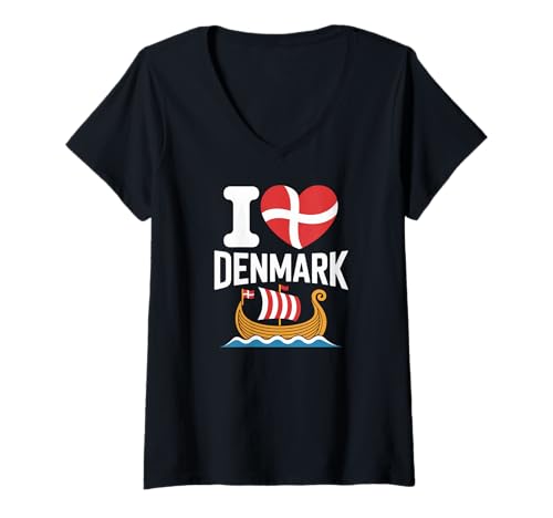 Damen I Love Denmark Wikingerschiff Herz Flagge T-Shirt mit V-Ausschnitt von Denmark Viking Love Flag Heart Nordic