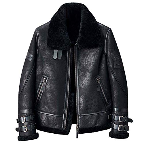 Denny&Dora Lammfelljacke Herren B3 Bomberjacke Schwarz Lederjacke Kurzer Pelzmantel Schaffellmantel (Schwarz, Large) von Denny&Dora