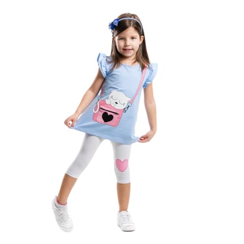 Denokids Mädchen Tunika und Leggings Set, Baumwoll Pyjama Set, Kitty In Bag Aufdruck, Bequemes Top Set, Stilvolles Kleidung Set, Maschinenwaschbar, Größe: 2 bis 8 Jahre | 3 Alter von Denokids