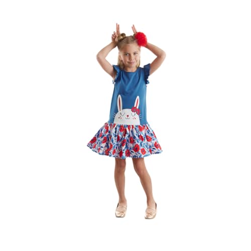 Denokids Mädchenkleid, 100% Baumwolle Popeline Mädchen Kleid mit Häschen-Print, Gerüschten Armen und Rock, Stilvolles Jersey Kleid für Mädchen, Waschbar, Sicher für Kinder, 2 bis 7 Jahre | 5 Alter von Denokids