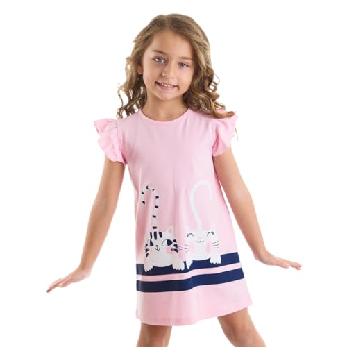 Denokids Mädchenkleid, Baumwoll-Jersey-Kleid mit Katzen-Print, stilvolles Mädchen-Sommerkleid mit gerüschten Ärmeln, maschinenwaschbar bei 30 °C, von 2–8 Jahren | 7 Alter von Denokids