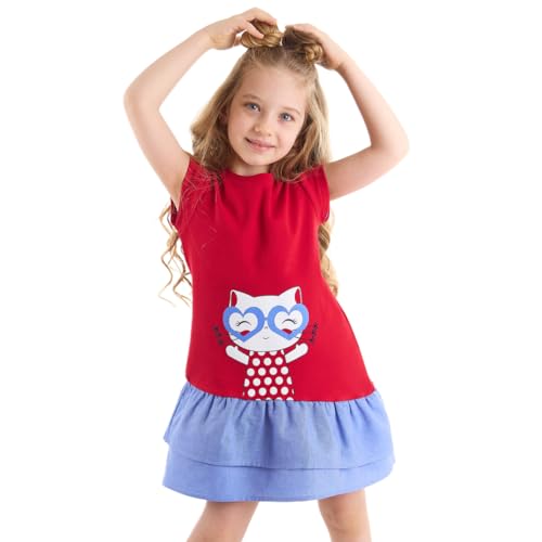 Denokids Mädchenkleid, Baumwolle Jersey Kleid mit süßem Katzendruck, Stilvolles Lässiges Rotes Katzen Kleid für Mädchen, Süßes Kleid mit 2-lagigen Rüschen, Waschbar, Sicher für Kinder, 2 bis | 7 Alter von Denokids