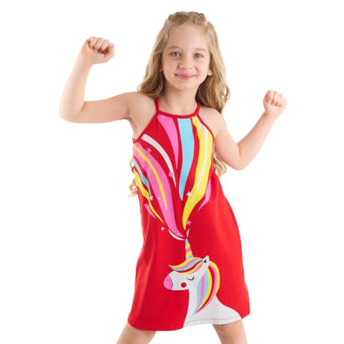 Denokids Mädchenkleid, Baumwolle Jersey Sommerkleid mit großem Einhorn-Aufdruck, Stilvolles Lässiges Rotes Kleid für Mädchen, Waschbar Bei 30 °C, Sicher für Kinder, 2 bis 9 Jahre | 6 Alter von Denokids