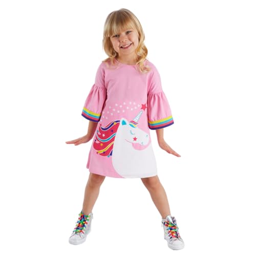 Denokids Mädchenkleid, Sommerkleid Baumwolle Jersey mit Einhorn-Print, Stilvolles Kleid für Mädchen mit Bunt gestreiften Ärmeln, Maschinenwaschbar bei 30 °C, 3 bis 8 Jahre | 5 Alter von Denokids