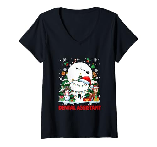 Damen Zahnarzthelferin Arbeitswerkzeuge Weihnachtsmann Schneemänner Rentier Weihnachten T-Shirt mit V-Ausschnitt von Dental Assistant Christmas Costume