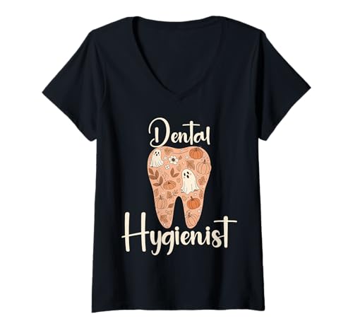 Damen Dentalhygienikerin Herbstzahn Kürbis Herbstblätter Geist T-Shirt mit V-Ausschnitt Damen Dentalhygienikerin Herbstzahn Kürbis Herbstblätter Geist T-Shirt mit V-Ausschnitt von Dental Assistant Fall Tooth Design