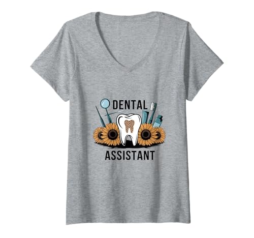 Damen Sunflower Dental Assistant Hygienist Zahnarzt Werkzeuge T-Shirt mit V-Ausschnitt Damen Sunflower Dental Assistant Hygienist Zahnarzt Werkzeuge T-Shirt mit V-Ausschnitt von Dental Care Enthusiast