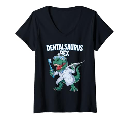 Damen Dentalsaurus Rex T-Shirt mit V-Ausschnitt von Dental Dentist Assistant Hygienist