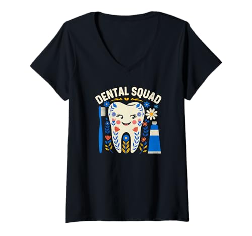 Damen Dental Vibes Flowers Dentalhygienikerin Dentists Squad T-Shirt mit V-Ausschnitt von Dental National dentist Day Outfits for Women Men