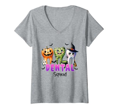 Damen Fun Halloween Dental Squad Zahnarzt T-Shirt mit V-Ausschnitt von Dental Smile Creations