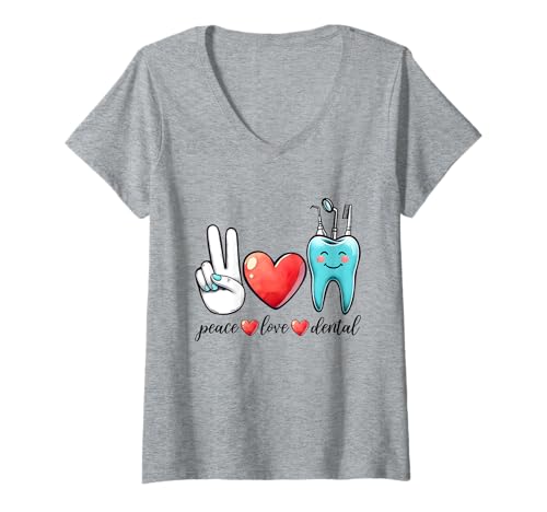 Damen Peace Love Dental Professionelles Design für Zahnheilkunde T-Shirt mit V-Ausschnitt von Dental Smile Creations