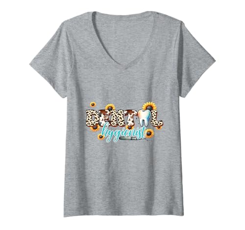 Damen Fun Leopard Print Dental Hygienist Sonnenblume T-Shirt mit V-Ausschnitt von Dental Smiles Collection