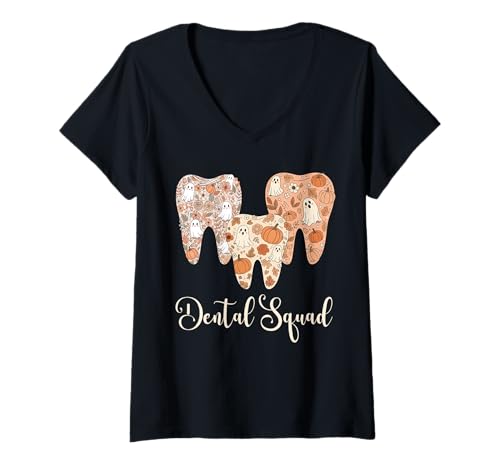 Damen Dental Squad Herbst Herbst Zähne Geist Kürbis Zahn Zahnarzt T-Shirt mit V-Ausschnitt Damen Dental Squad Herbst Herbst Zähne Geist Kürbis Zahn Zahnarzt T-Shirt mit V-Ausschnitt von Dentalt Assistant Dentist Office Fall Designs