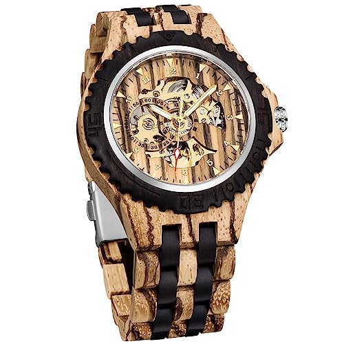 Dentily Herren Holz Mechanische Uhr Skelett Automatikwerk Holzuhr Arabische Zahlen Selbstaufzug Uhren für Männer, Hellbraun & Schwarz, Mechanisch, selbstaufziehend von Dentily