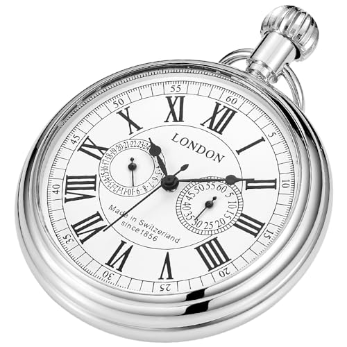 Dentily Vintage Kupfer Zug London Design Handaufzug Mechanische Taschenuhr Herren Uhren, silber, Vintage, PJX008-SILVER von Dentily