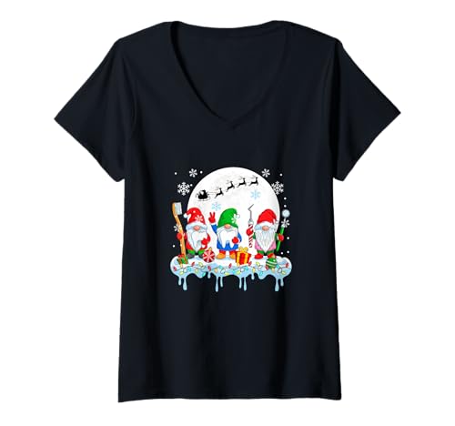 Damen DREI Bunte Zwerge mit Zahnarzt-Werkzeugen T-Shirt mit V-Ausschnitt von Dentist Christmas Costume